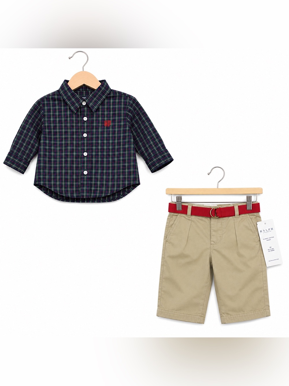 Chaps Baby Boys 3M Plaid Shirt Khaki Pants Red Belt‎ Outfit Set NWT